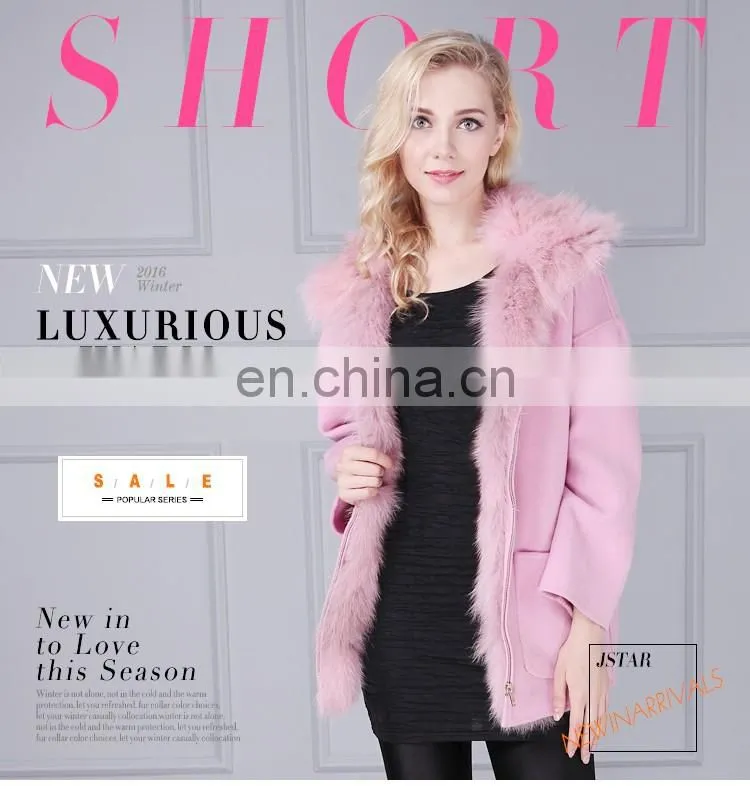 Pink cheap sheep wool fur coat with detachable fur inside