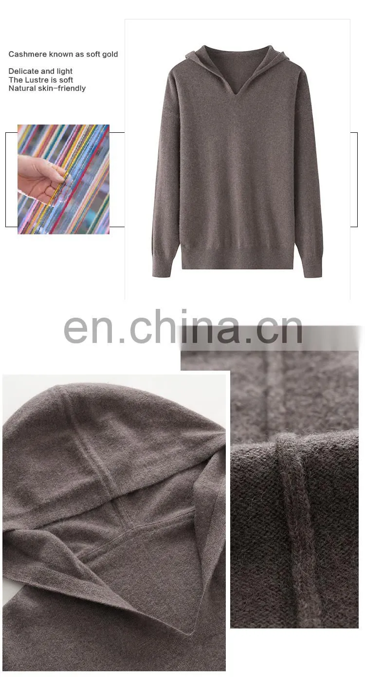 High Quality 100% Cashmere Women's Hoodie Sweater Casual Style with Inner Mongolia Knitted Weave Solid Pattern Winter Front Logo