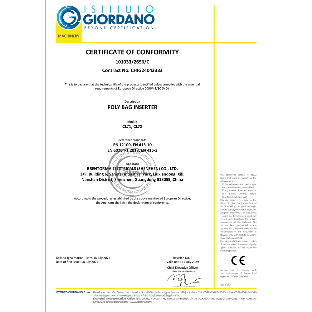 Poly Bag Inserters Certified with CE Marking