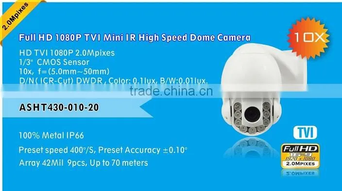 intelligent Full HD TVI camera 1080P 10x zoom ptz camera 2.0Mp Sony Sensor Mini IR ptz High Speed Dome Camera, support IP66