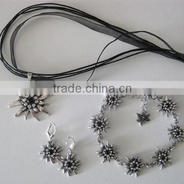German Ethic Edelweiss White Black Rhinestone Necklace Bracelet Earrings Crystal Oktoberfest Jewelry Set