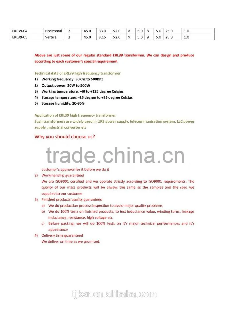 CE, ROHS approved, ERL39 high frequency transformer