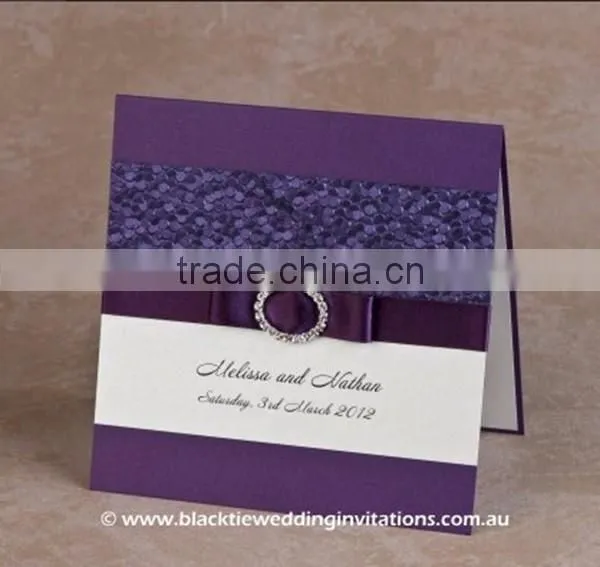 2016 newmengxing elegant and vintage purple color embosing wedding invitation card, purple ribbon