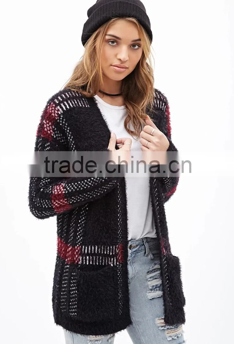 Fuzzy plaid cardigan