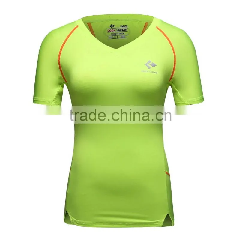 custom fashion comfortable v-neck plain short sleeve compression shirt women 2016