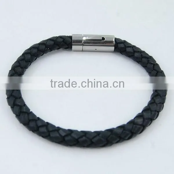 Fashion Rose gold bracelet and black leather stainless steel bangle