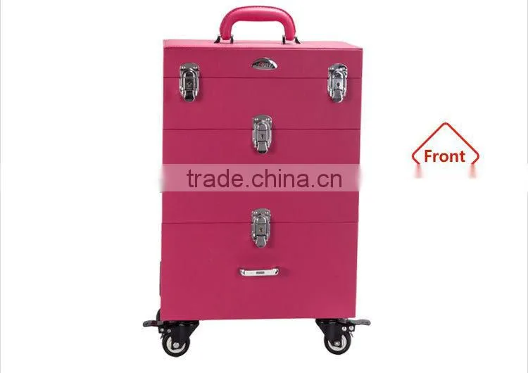 Guangzhou Wholesale Pink Pvc Rolling Cosmetic Train Case