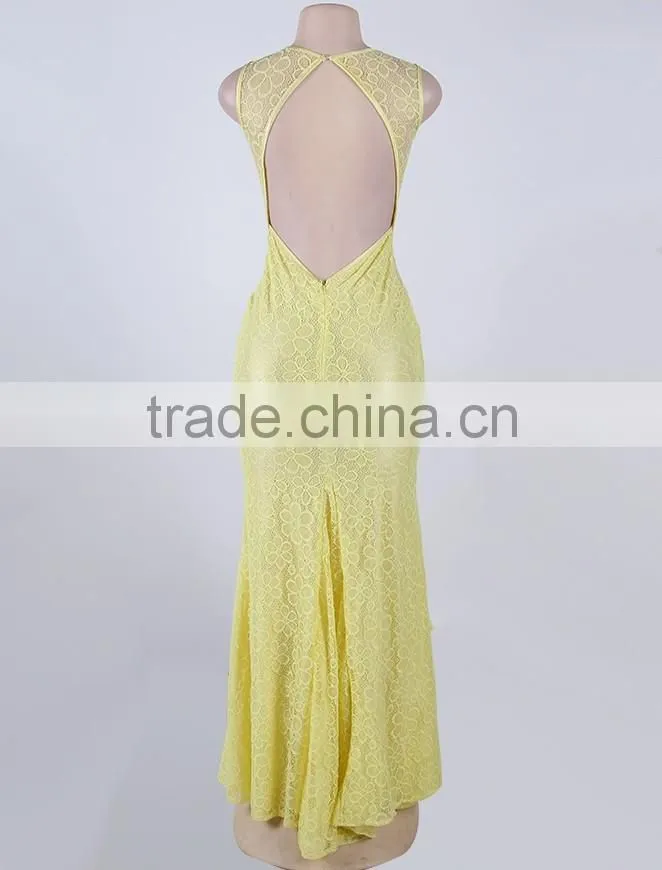 Beautiful Pattern Adult Women Party Wear Back Open Brilliant Yellow Mermaid Evening Dress