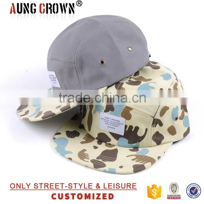 Flat brim 5 panel woven label custom fabric 5 panel camp cap