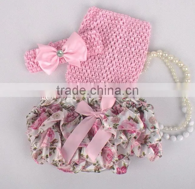 wholesale adorable baby diaper and crochet tube top3 sets , satin baby bloomers, baby ruffle bloomers