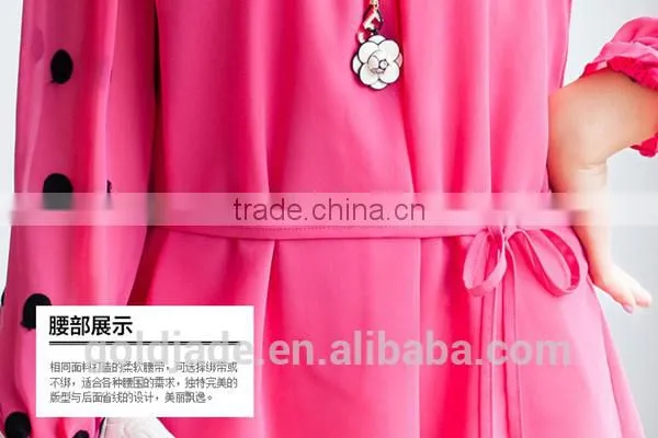 OEM lady sexy loose rose red and black chiffon dot round collar long petal sleeve blouse