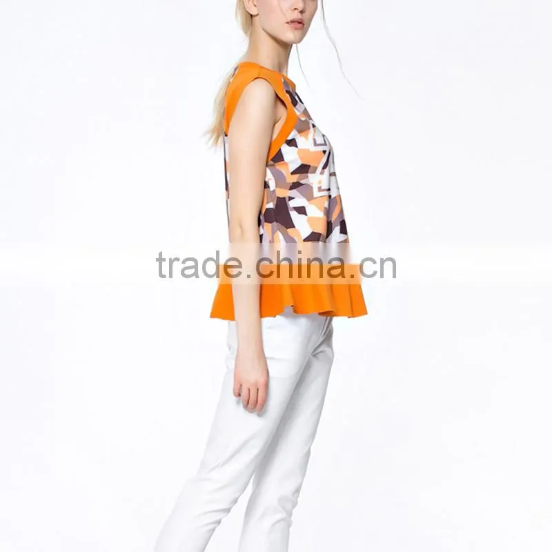 Promotional Top Quality knitted wear popular printed ruffle hem model women's simple blouse with sleevless