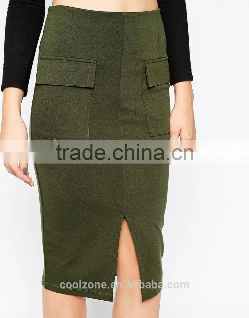 High waist long skirt with pocket front split pencil skirt