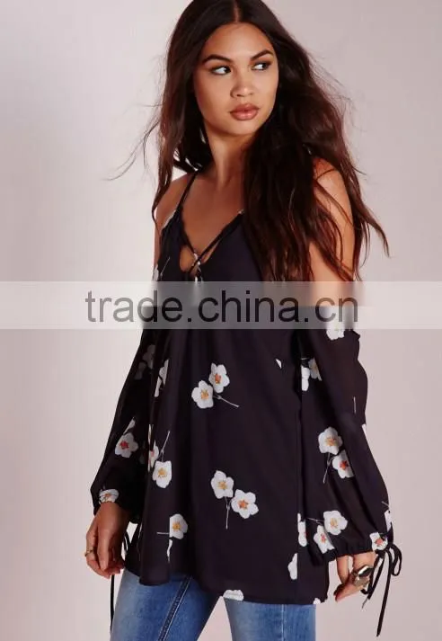 New summer collection wholesale floral printing high quality chiffon style blouse