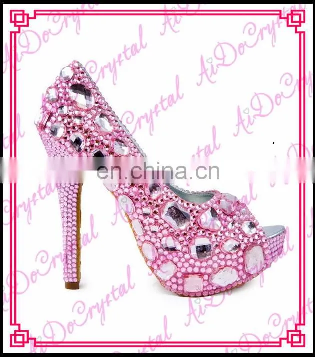 Aidocrystal Luxury big diamond rhinestone deep pink peep toe glitter wedding shose high heel