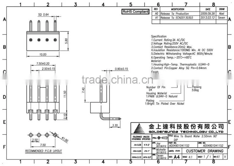 2.54mm Wire to PCB 4 Pin Connector DIP 90