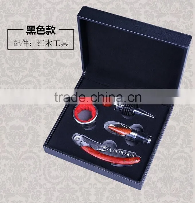 Factory OEM Supply Handmade Wine Tool Set with Leather Box, PU Leather Wine Accessories Gift Set Box