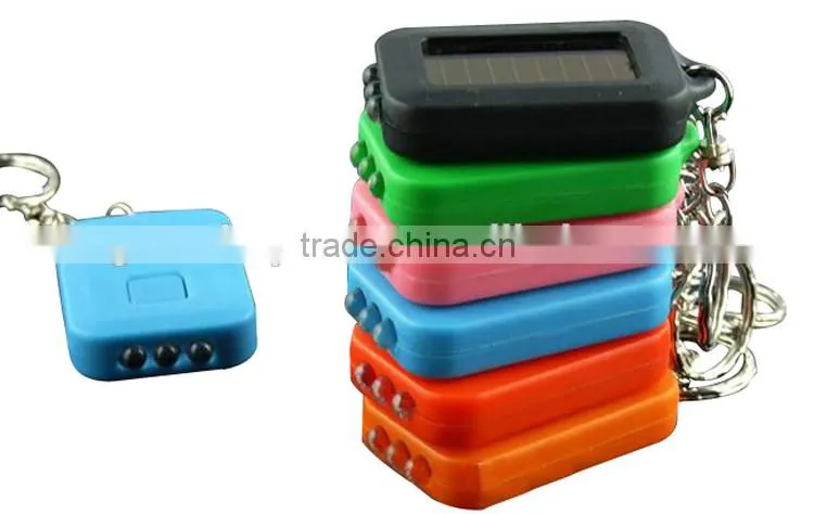 New Fashion Mixed Color Solar portable LED Light Keychain / Mini Flashlight Key Ring Survial Gadget 3 LED