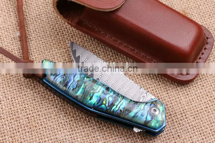 OEM Damascus pocket knife Application and Abalone Handle knife