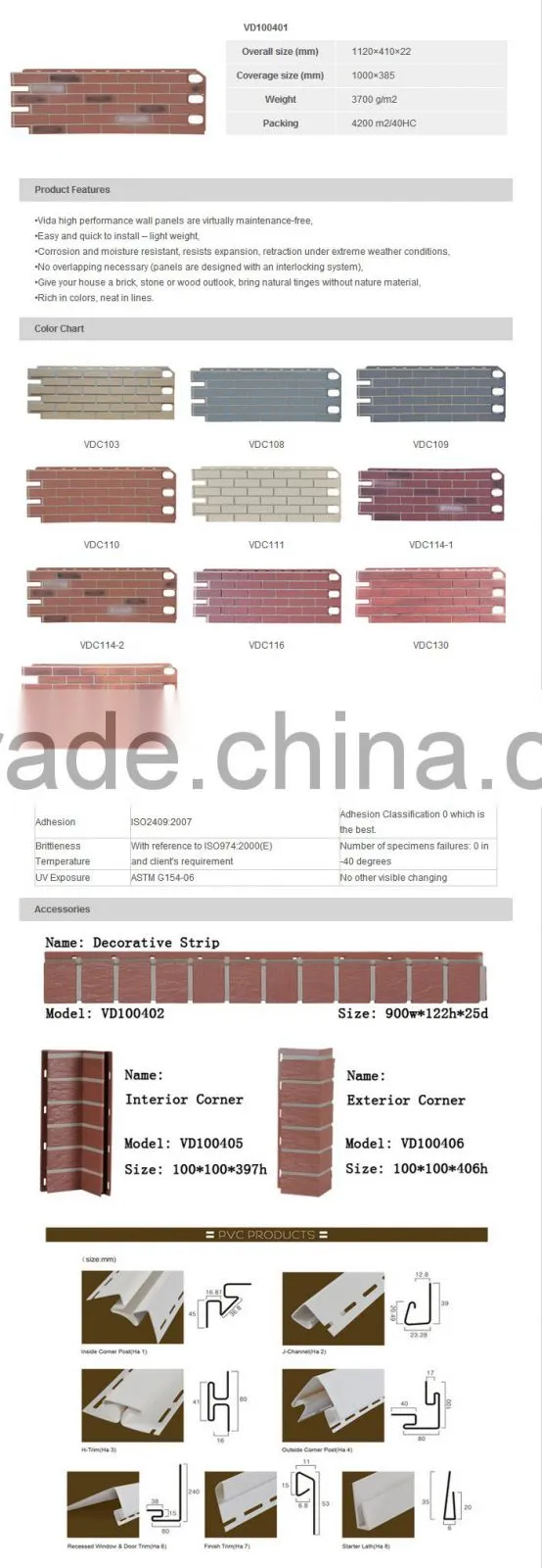 Faux stone Brick Exterior Wall panel plastic wall siding