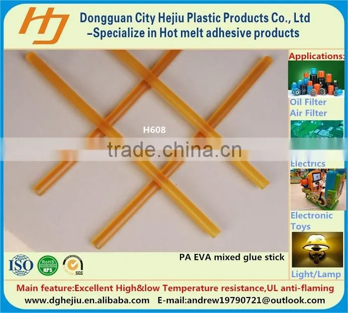 Polyamide and Ethylene Vinyl acetate base Amb er semi-transparent hot melt adhesive glue stick for air filter and oil filter