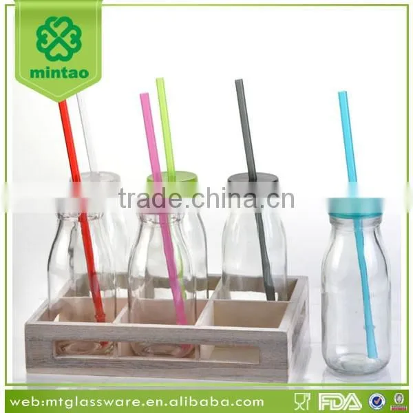 Super Market Selling Packed Glass Milk Bottle Set with Straw and lid