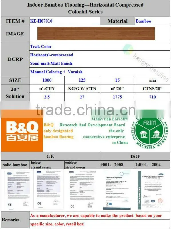 Factory Provided CE Certified E1 Grade Kanger Parquet Waterproof Bamboo Flooring