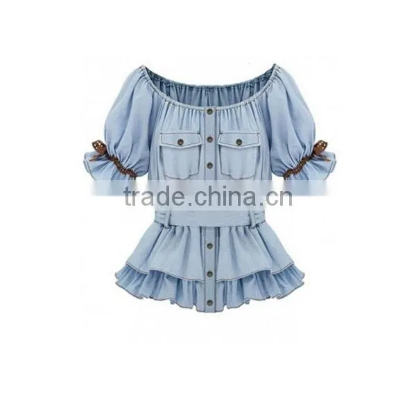Girls fairy blue jeans style peplum ruffle sleeve blouses China manuafacturer