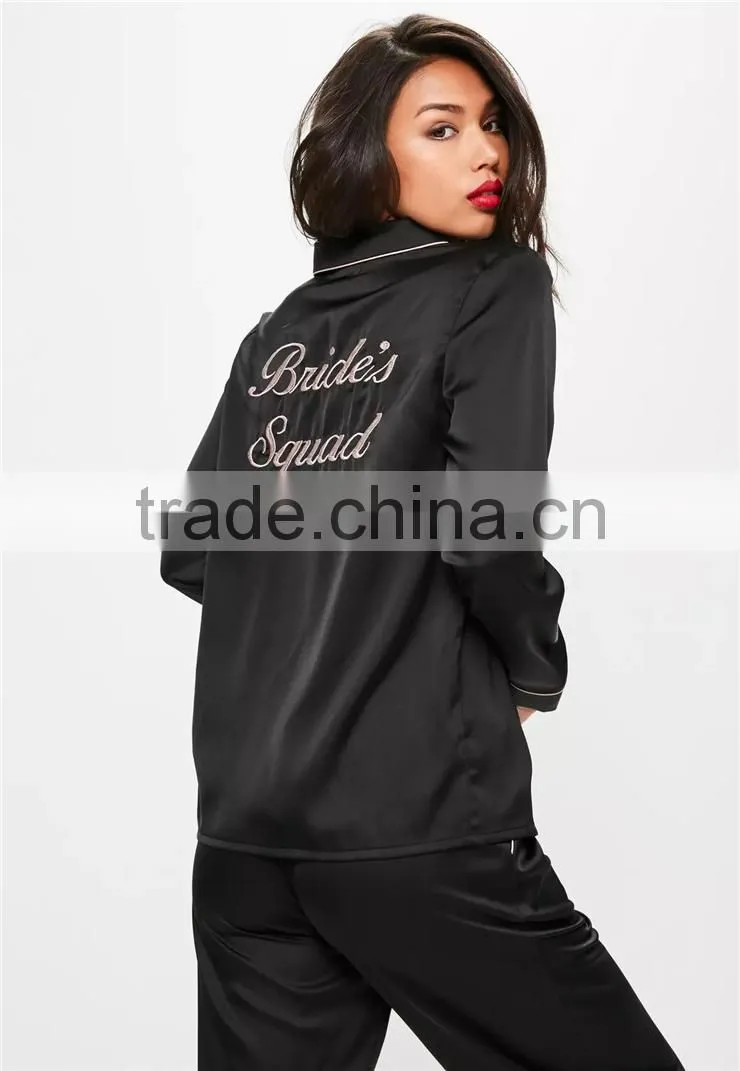 Custom Logo Back Embroideried Pajama Set White Piping Long Pajama Set Black Long Sleeve Top With Long Pants Nightwear