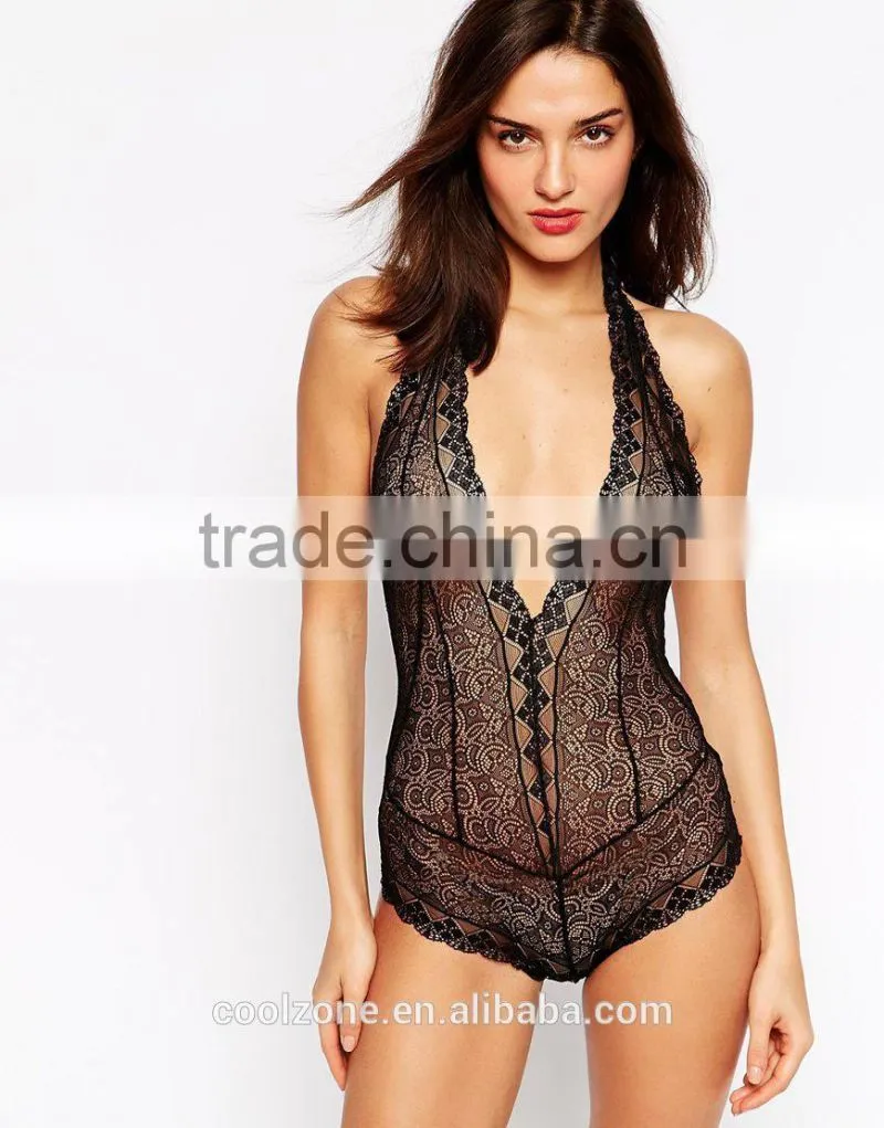 Plunge V-neck open back bodysuit women lace bodysuit wholesale
