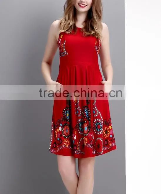 New Fashion Women Dresses With Red Garden Sleeveless Fit And Flare Dress Women Floral Dress Women Wear GD90426-31