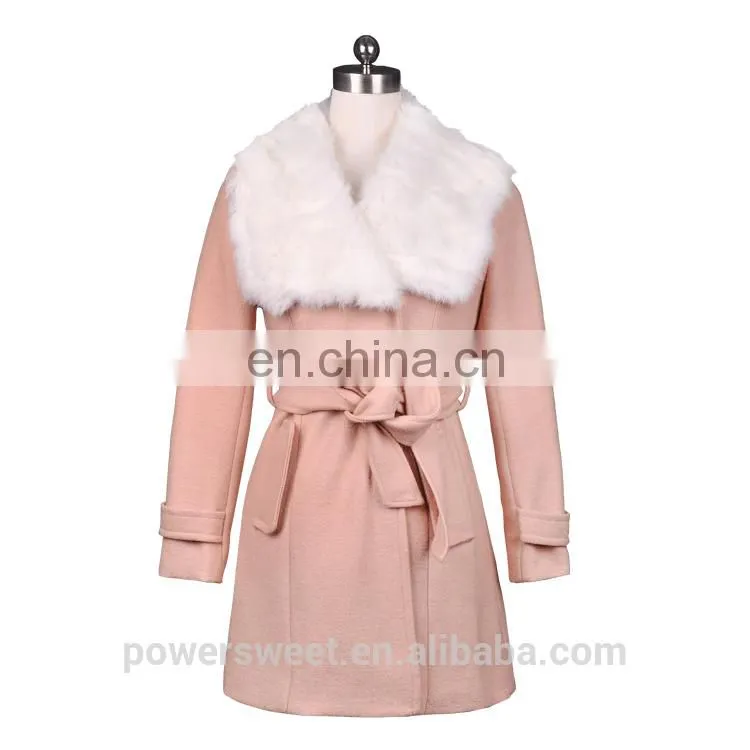 New Women Fashion Rabbit Fur Collar Waist Belt Slim Winter Long Coat