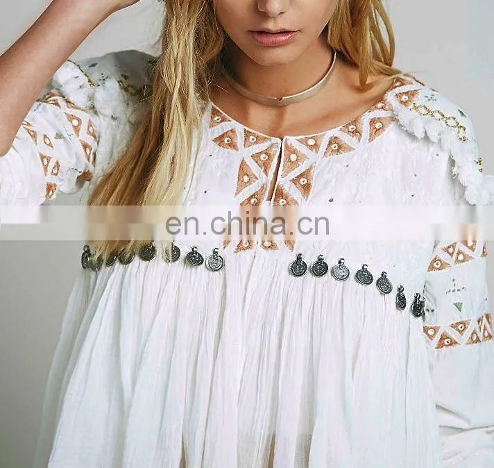 High quality white embroidery tops for lady,fashion babydoll blouse designs