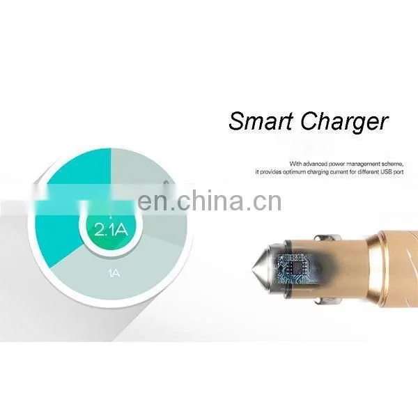 3 in 1 Gold/Silver Aluminum Alloy Anion air purifier 5V 3.1A Dual USB quick charge safty hammer Car Charger