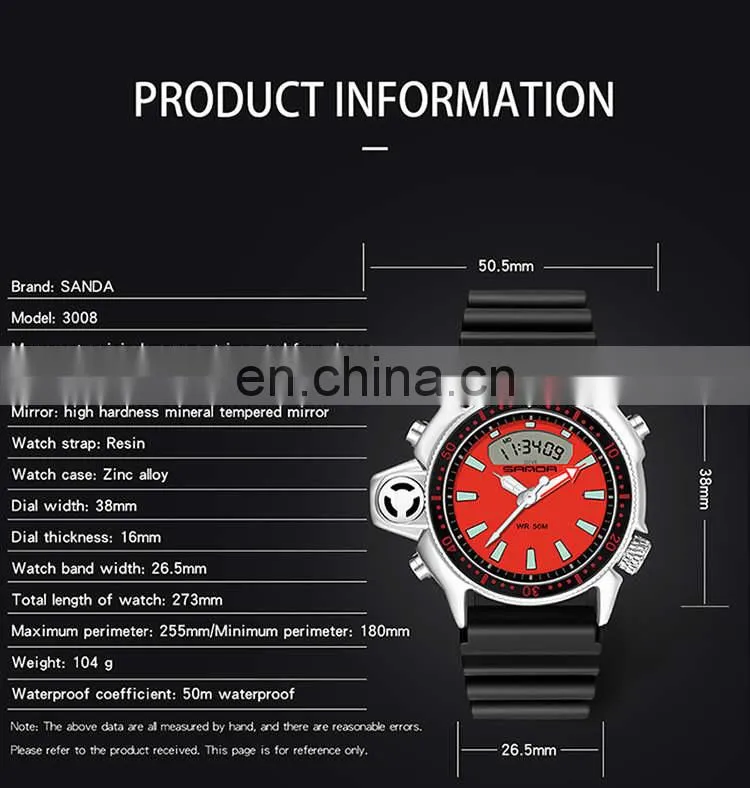 Sanda 3008 New Retro Men Digital Wristwatch Clock Luminous Chronograph Designer Brand Watches