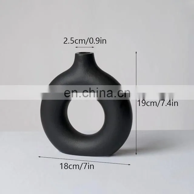 Black Circular Hollow Ceramic Vase Donuts Nordic Flower Pot Home Decoration Accessories Office Living Room Interior Decor
