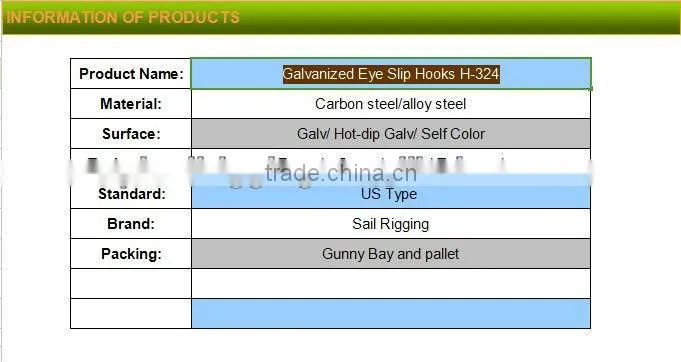 U.S. type A324/ H324 eye slip hook, zinc plated,china manufacturer