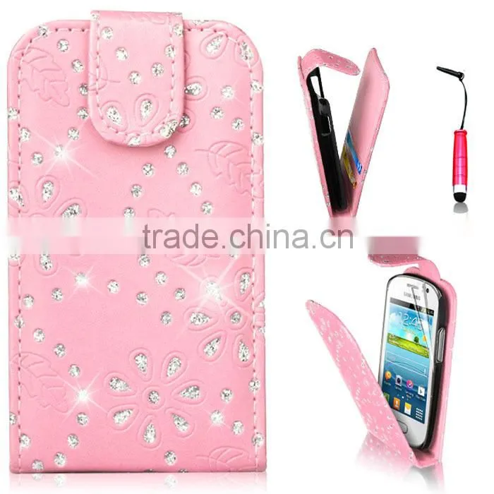 Set Screen Protector Stylus And Case , Bling Leather Wallet Case For Samsung Galaxy Fame S6810
