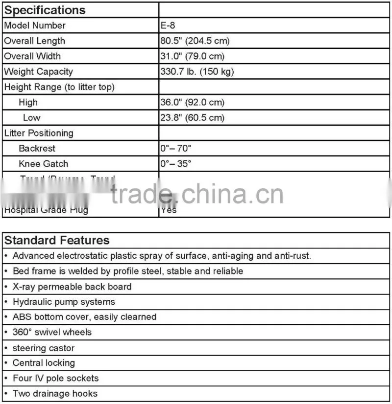 2016 E-8 muli-function hydraulic stretcher, medical stretcher, icu stretcher, hospital stretcher prices