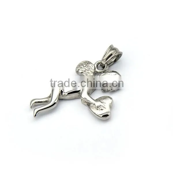 Simple Design Unisex Silver Wign Charm Jewelry Stainless Steel Angel Heart Pendant Necklace