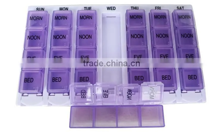 Push button child resistant weekly pill box