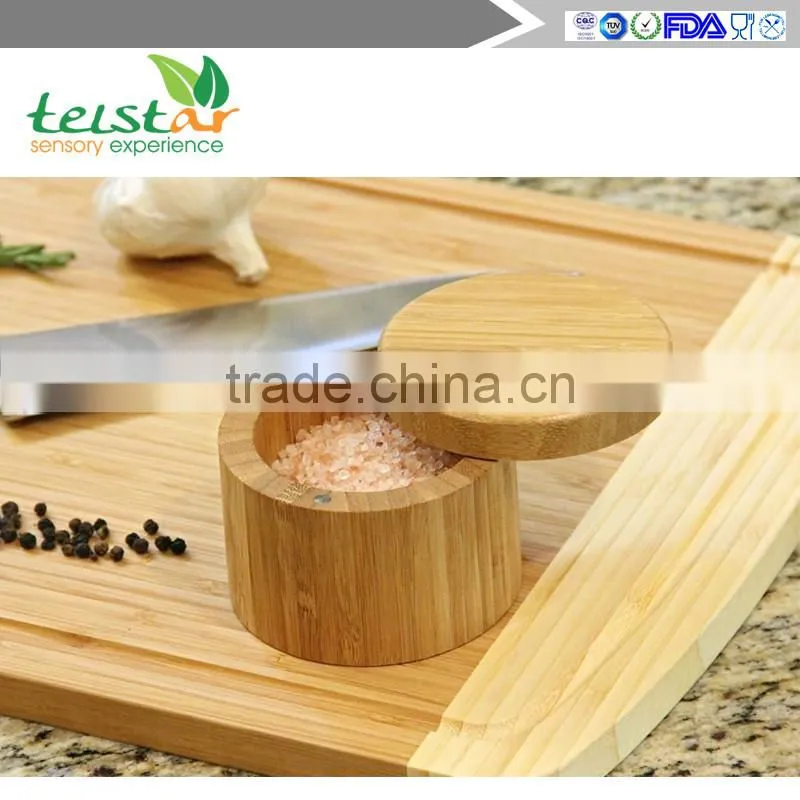 Round Bamboo Salt Box with Magnetic Closure is Eco-Friendly, 100% Organic bamboo, Professional-Grade, salt and pepper shaker