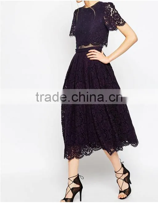 China Guangzhou clothing OEM Scalloped edges Round neckline Crop top Mesh insert Midi women dress