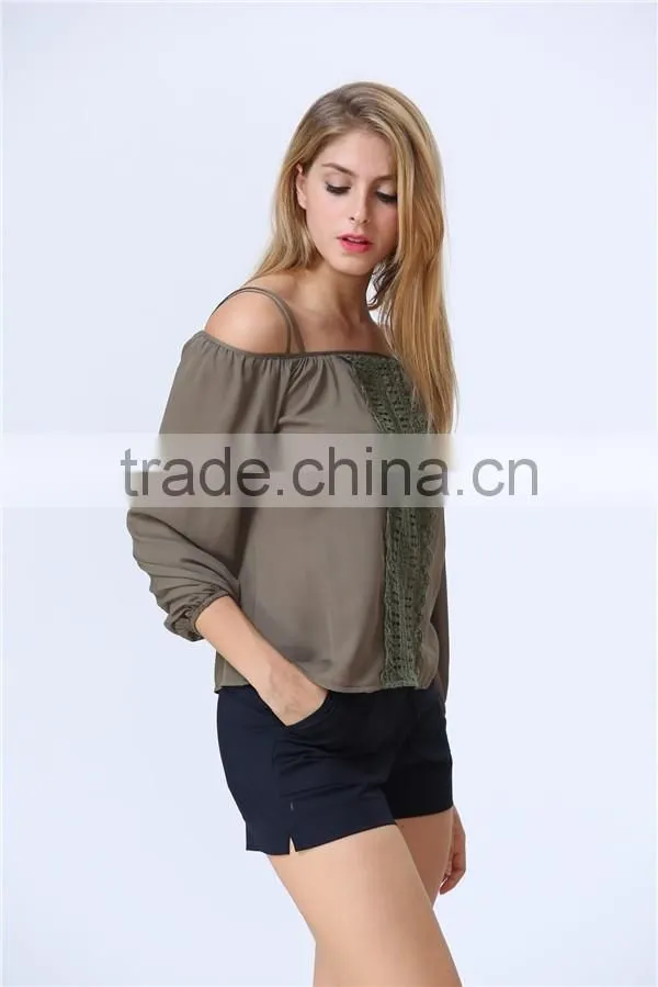 Women Fashion Casual Tops/Blouse with Embroidery Center Front Off-shoulder Design Accept Small Order Quantity