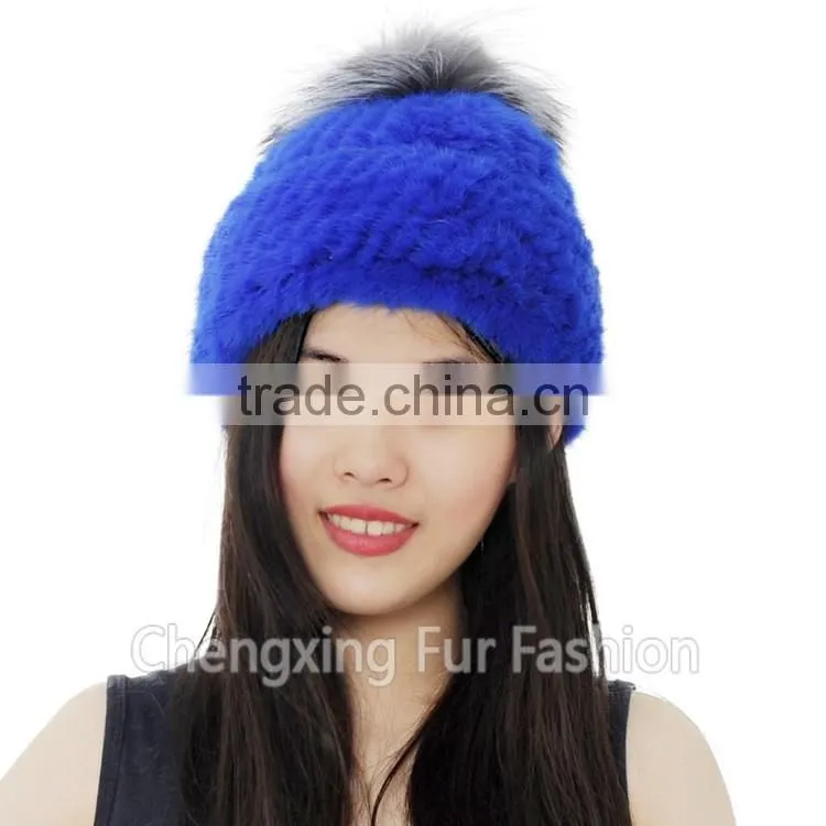CX-C-239N Women Knitted Real Mink Fur Hats With Fox Fur Pom Pom