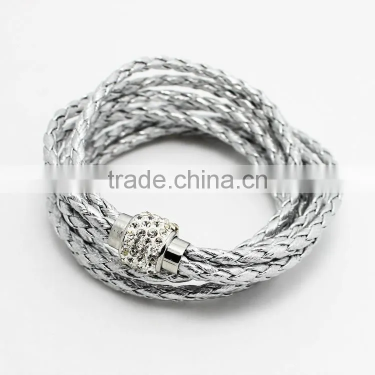 Leather Wrap Wristband Cuff Punk Magnetic Rhinestone Buckle Bracelet Bangle
