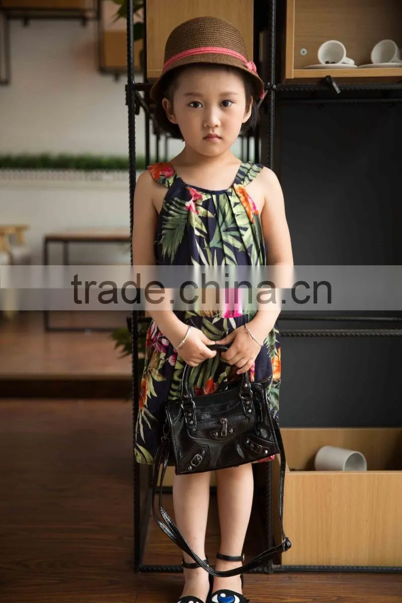 fashion 2016 girl sleeveless strap dress bright color printed flower girl dress