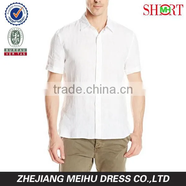 100% linen Men's Short Sleeve cuffed sleeve Point collar Solid Linen Shirt