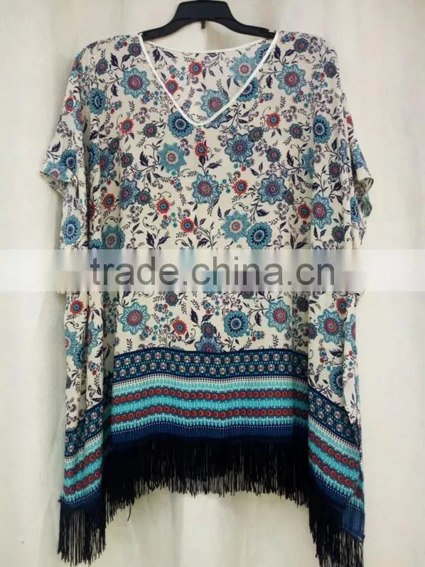 Hot sale ladies' fashion floral printed kimono with tassel viscose cotton soft blouses
