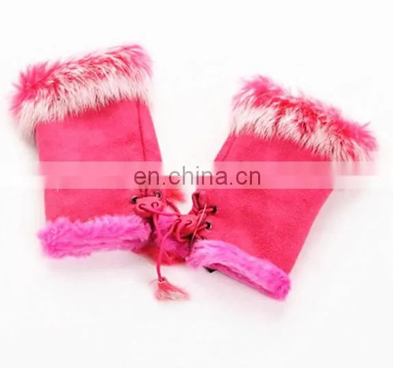 Colorful Fingerless Gloves with real Rabbit fur